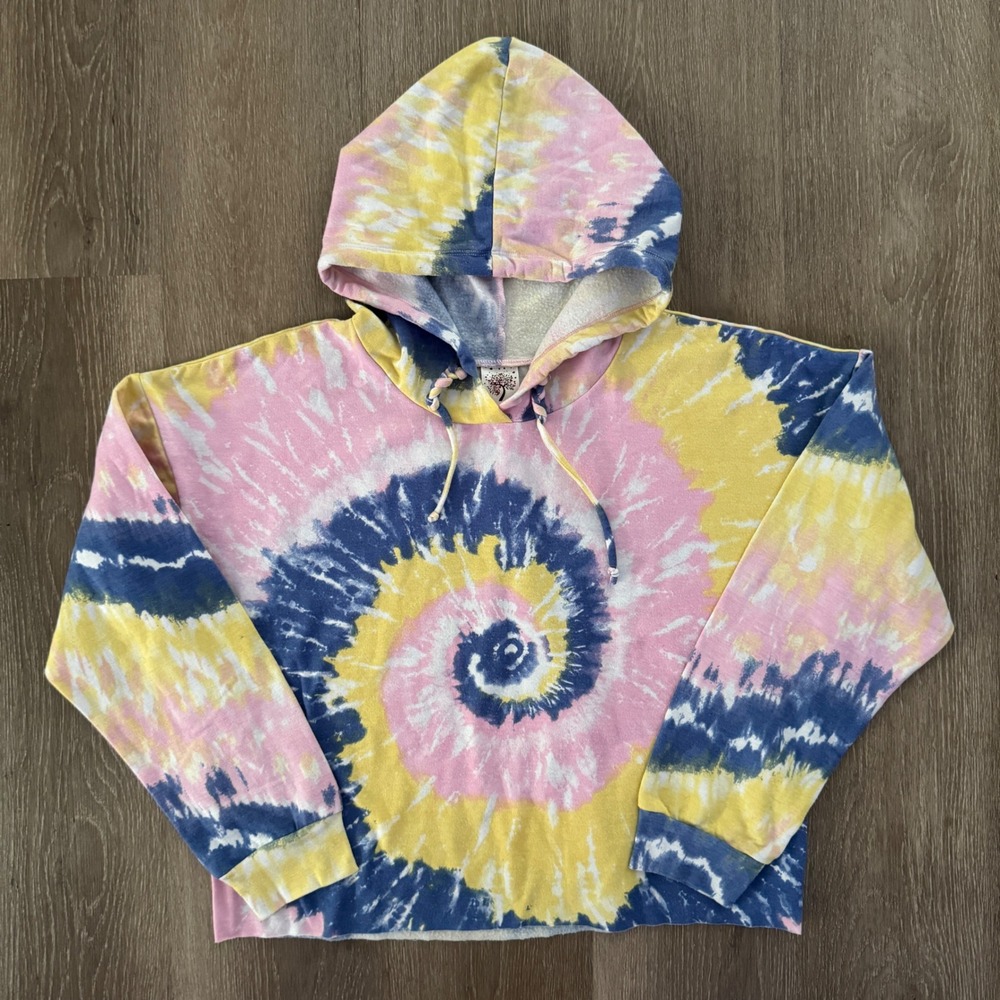 Self Esteem Hoodie Women XL Pink Yellow Blue Tie Dye Spiral Cropped Pullover